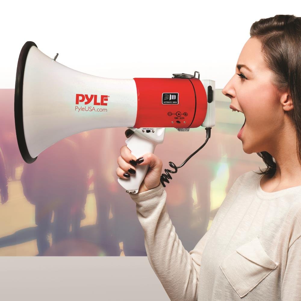 Pyle Megaphone Speaker PA Bullhorn - with Built-in Siren 50 Watts Adjustable Volume Control & Record Function - Ideal for Football, Baseball, Cheerleading Fans, Coaches or for Safety Drills PMP58U