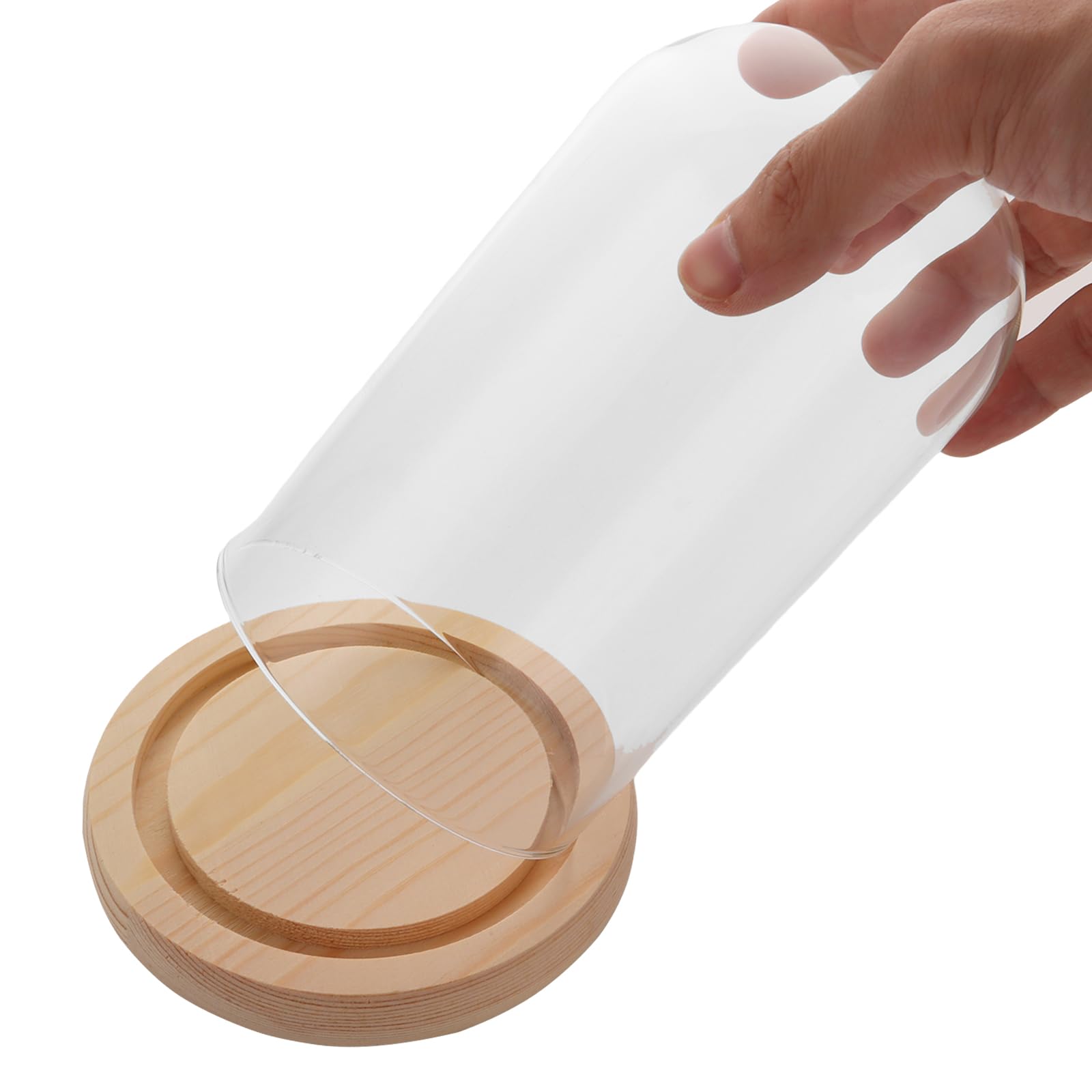 Set di 2 campane in vetro trasparente con fondo in legno, altezza 15 cm, per bambole, decorazioni da tavolo e antichità