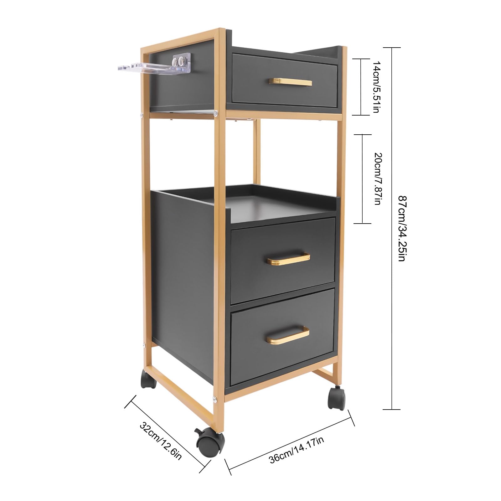 Carrito de salón con ruedas, soporte para secador de pelo, 3 cajones y 2 estantes abiertos, carrito de peluquería portátil para cosméticos, spa o tatuaje, 36 x 32 x 87 cm (negro) — view 5