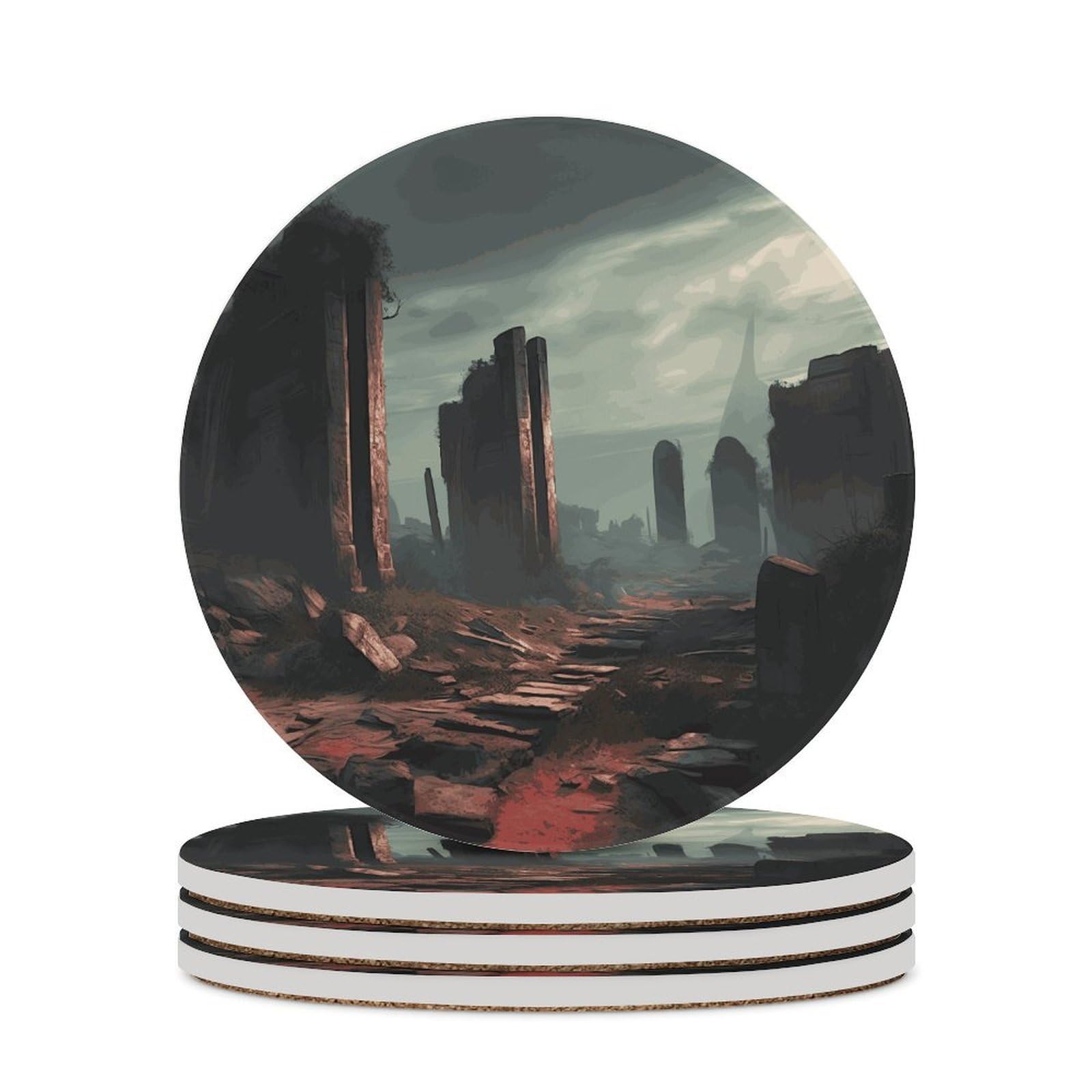 Khauerbc Style Ruins Drink Coasters With Holder For Coffee Table,Ceramic Coaster With Cork Base,Ceramic Stone Coaster For Iced Cold Or Hot Drinks,4.1 Inches