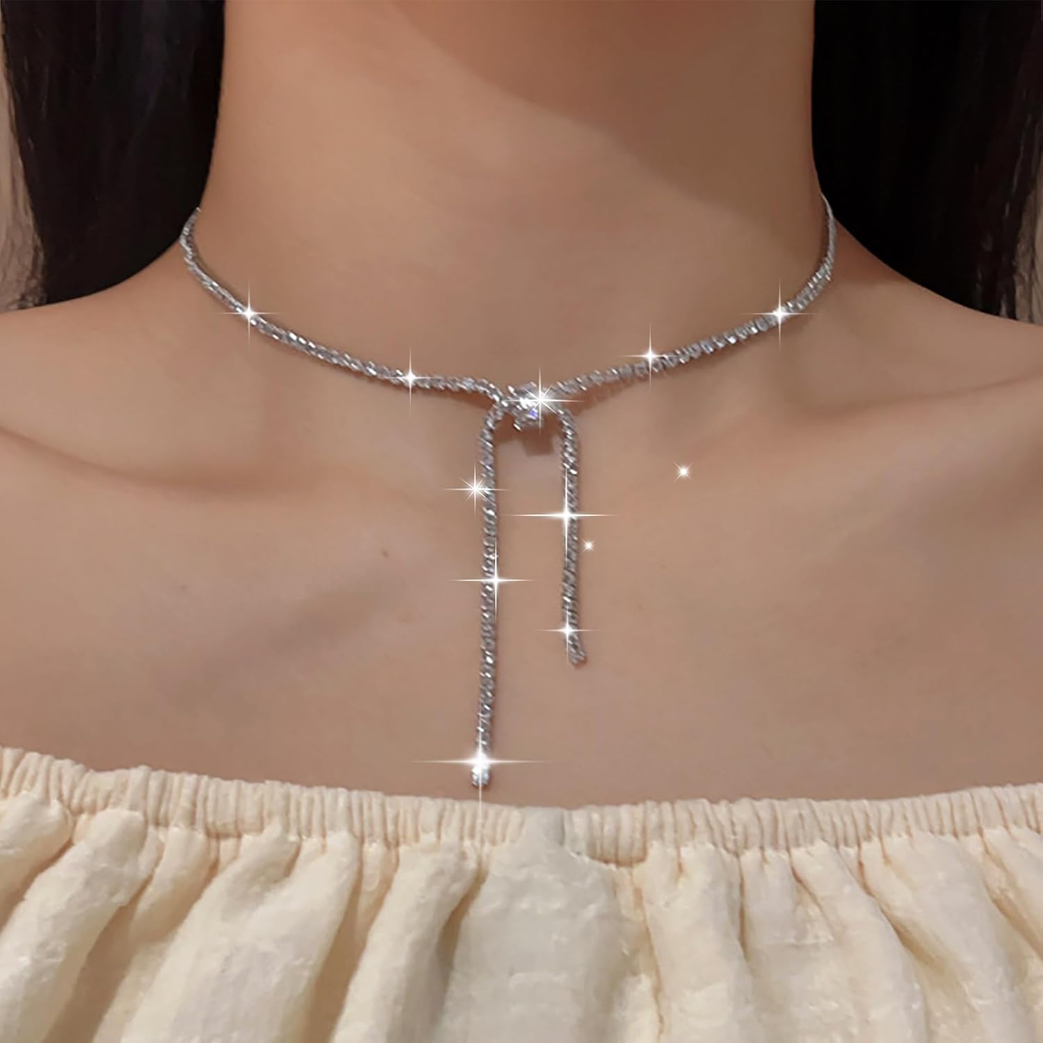 Rhinestone Choker Necklace Bridal Necklace Silver Tennis Chain Necklace Crystal Chain Y Lariat Necklace Cubic Zirconia Lariat Necklace CZ Chain Y Shape Necklace - Image 2