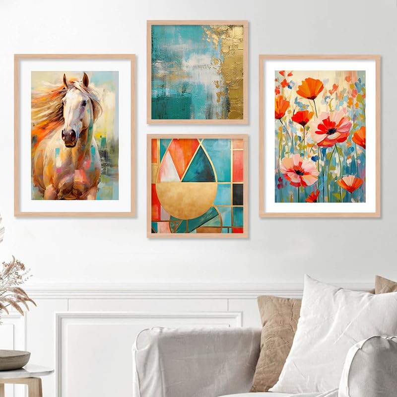 AKARSHNAM - Paintings Modern Art Wall Decor Framed Paintings for Bedroom Living Room - Framed Wall Posters/Paintings with Frame - Paintings for Wall Decoration, Set of 4 (Flower Horse)