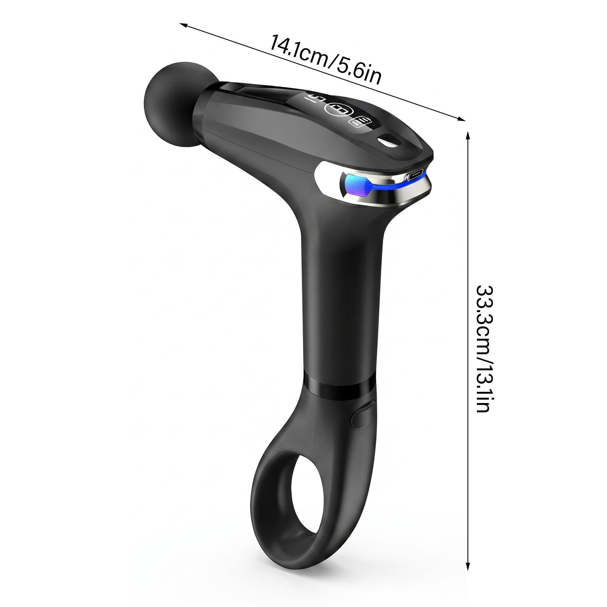 Pistola de masaje de percusión con mango extendido y cabezales de masaje múltiples, masajeador de espalda y cuello, negro