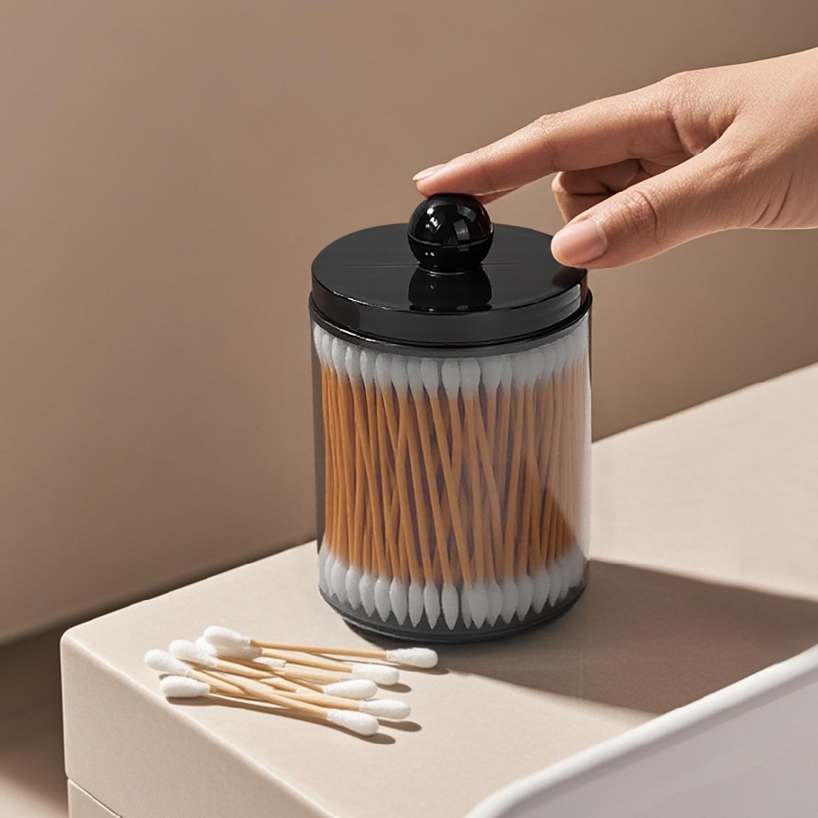 Qtip-Spender-Set aus schwarzem Kunststoff, für Badezimmer, Waschtisch und Aufbewahrung, Organisation für Wattebälle, Wattestäbchen, Wattestäbchen, Zahnseide-Picker, Haarspangen, 2 Stück