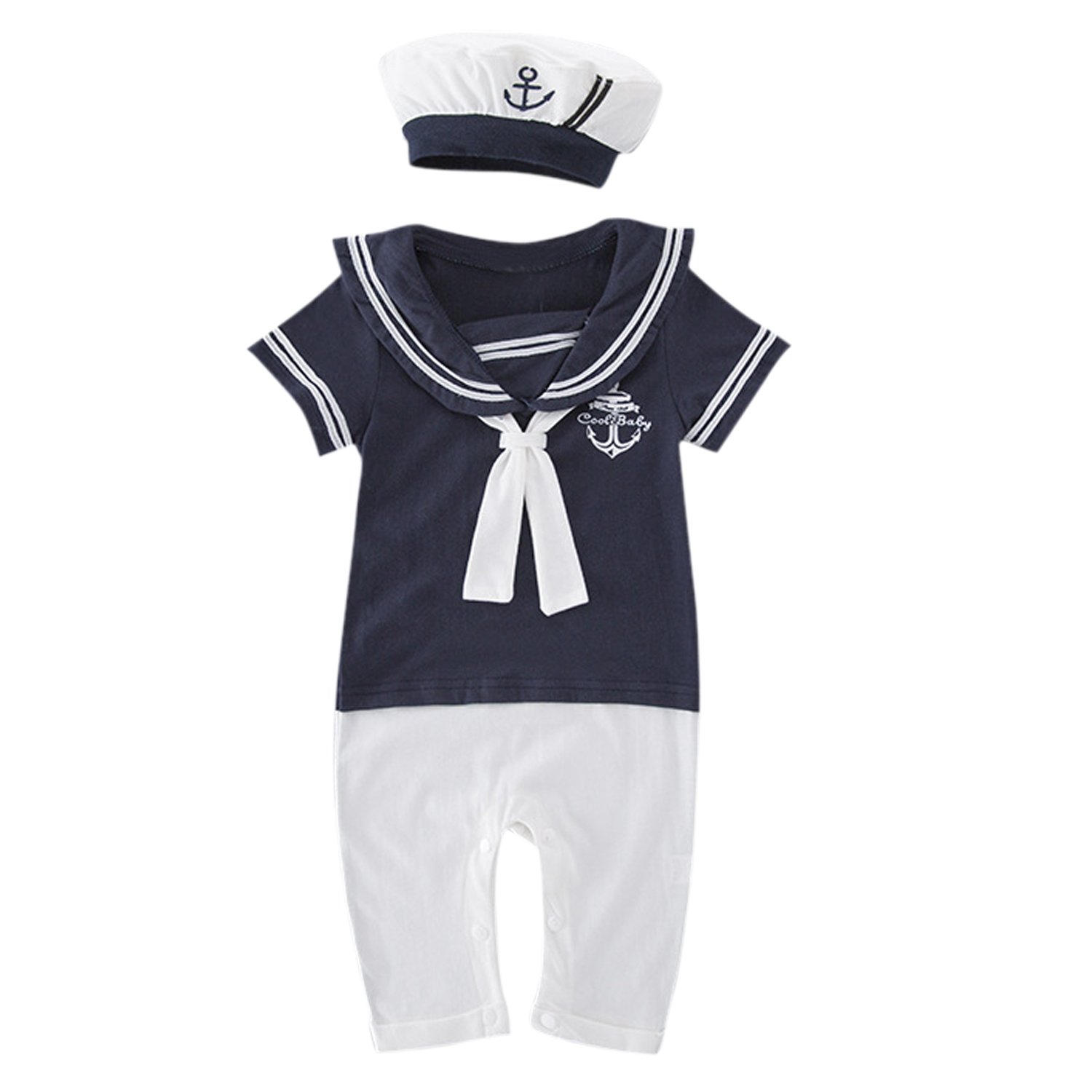 Evelin LEE Baby Infant Boy Short Sleeve Sailor Jumpsuit Romper + Hat Summer Outfits