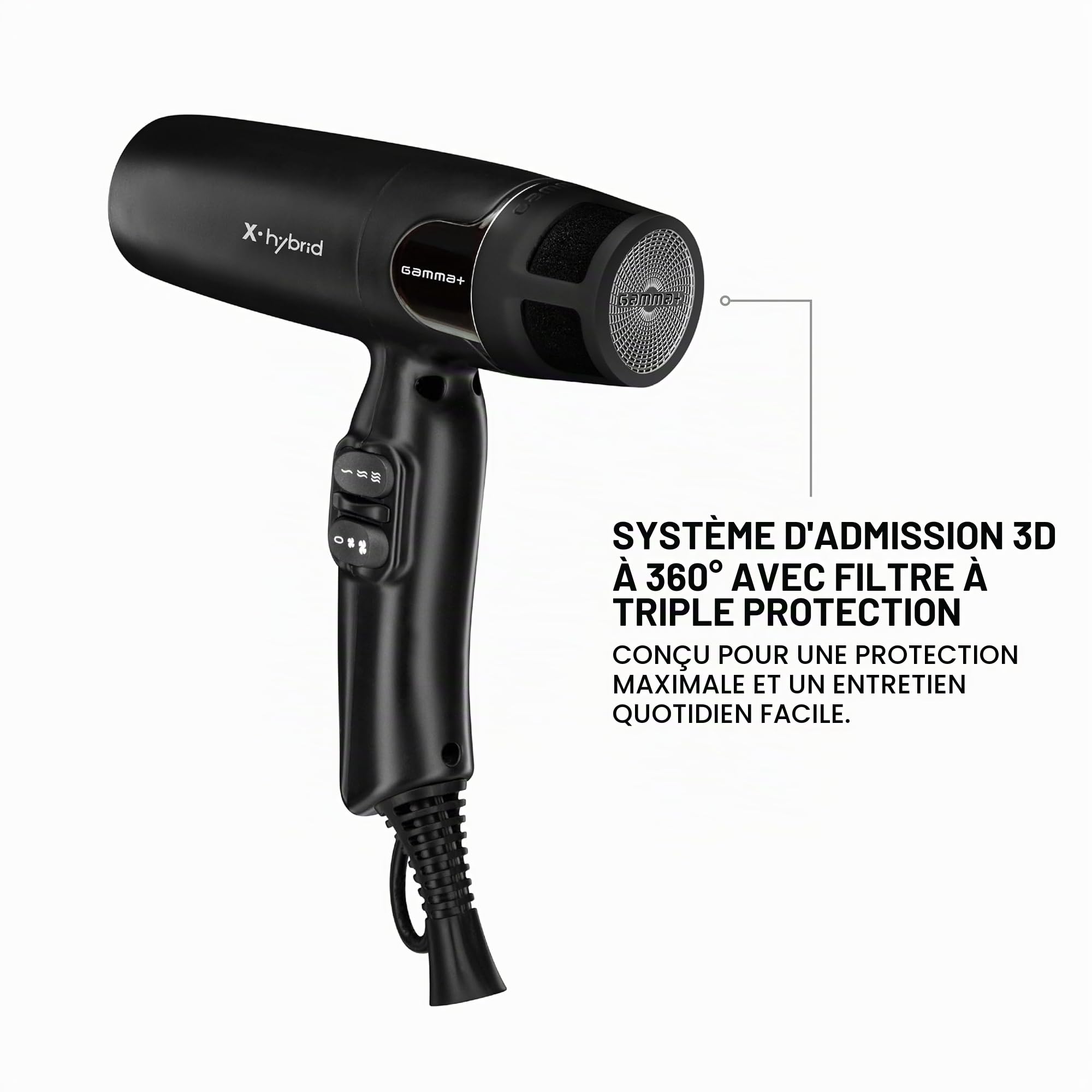 GAMMA+ X-Hybrid Sèche-cheveux Ionique, Sèche-cheveux Ultra-léger 300 gr, Ergonomique, Moteur Numérique 100.000 Rpm, Nouveau Triple Filtre de Protection, 2 Buses, 1 Diffuseur (Noir)