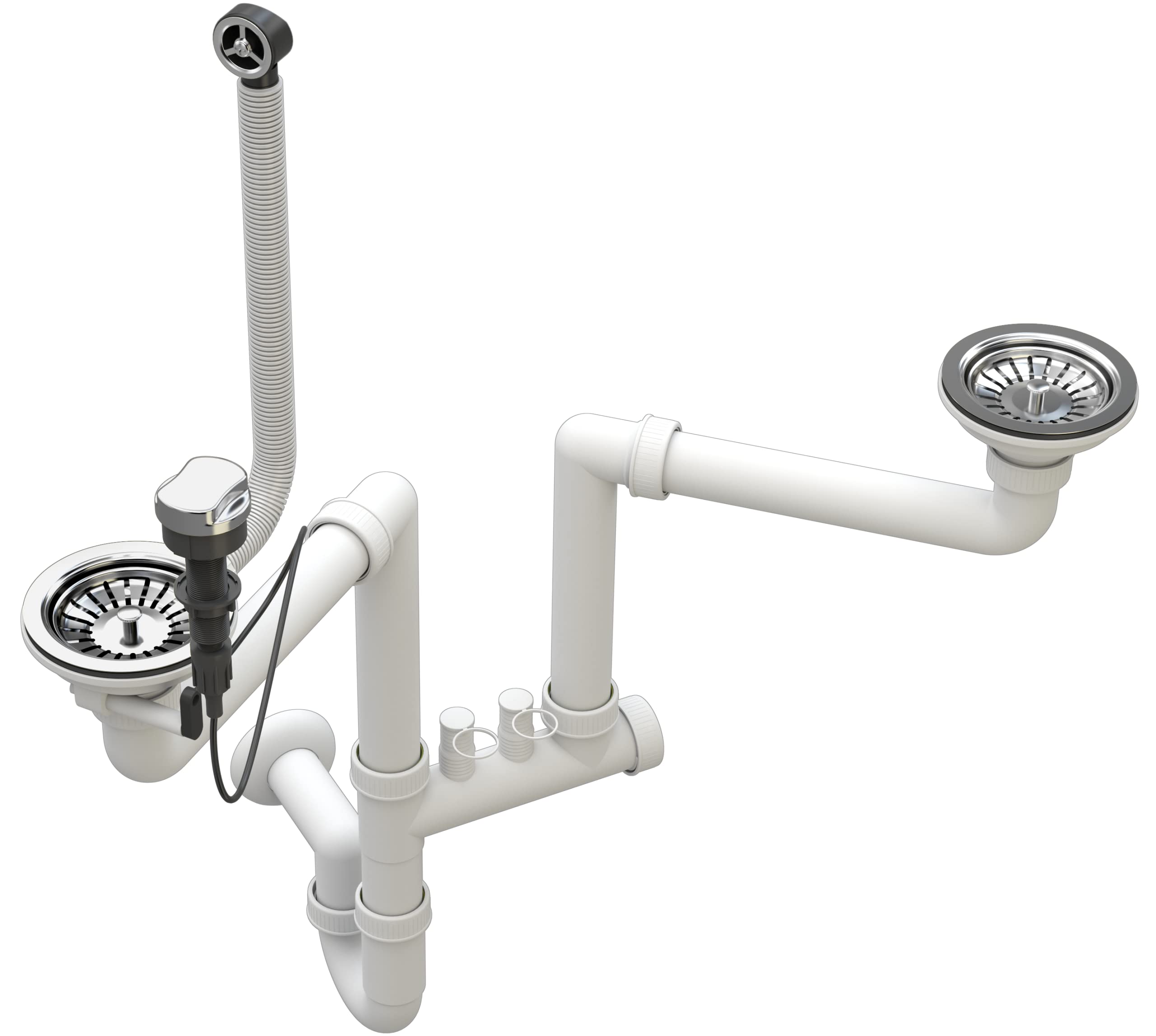 Siphon double raccord peu encombrant - Bonde d'évier de cuisine - Kit avec raccord pour lave-vaisselle - Diamètre : 115 mm - Bonde pour 2 bacs avec bouchons automatiques - Chromé Granitan