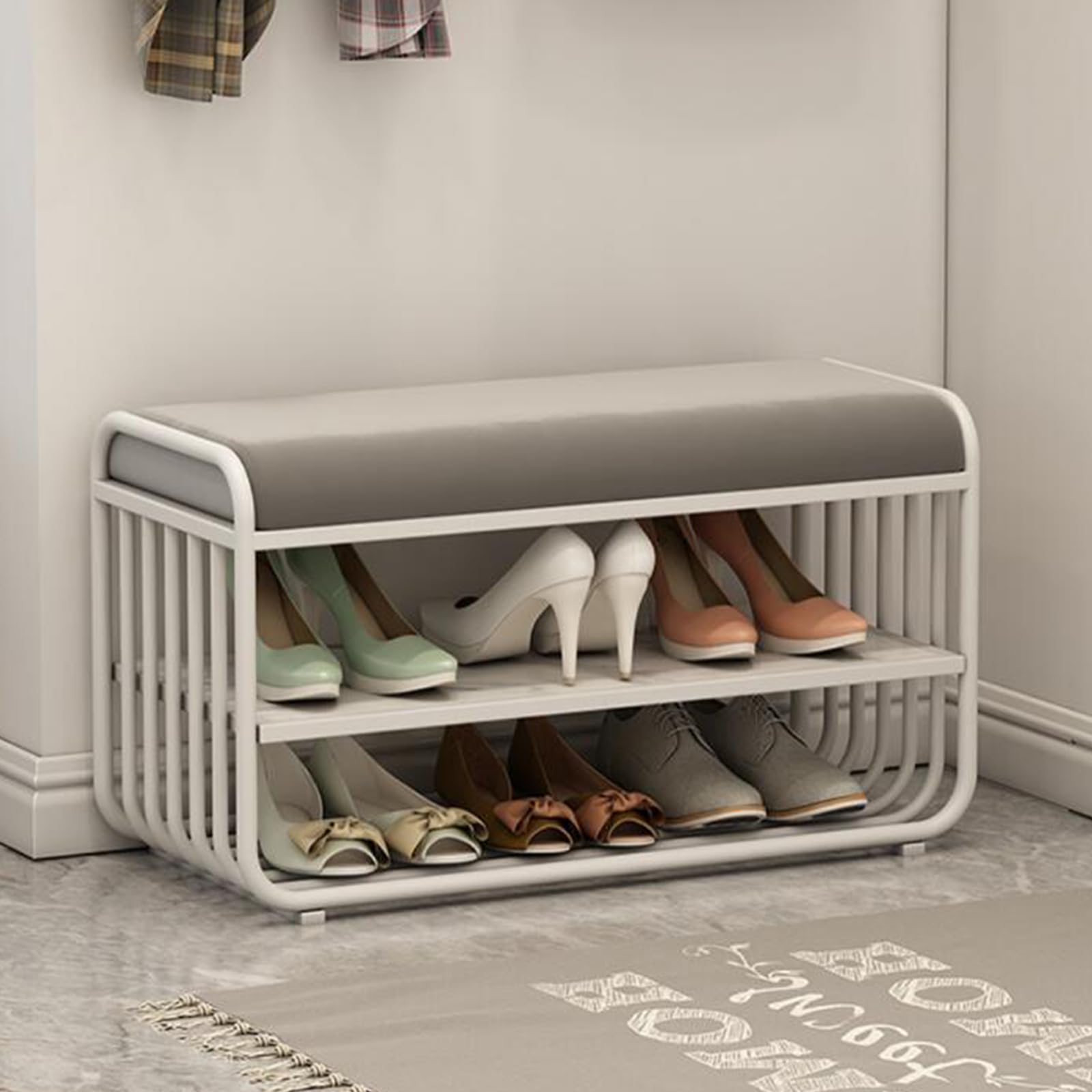 Banc à chaussures en velours et métal : rangement élégant pour entrée