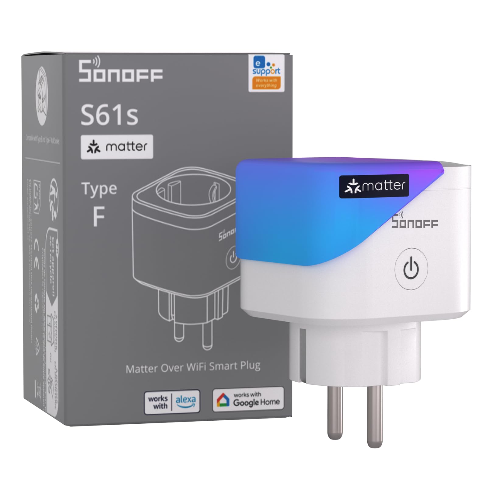 SONOFF S61s Presa Intelligente 16A/3840W – Smart WiFi con Controllo da Remoto e Vocale, Presa Smart Timer, Monitoraggio Energetico – Compatibile con Alexa, Google, Homekit, SmartThings & Matter