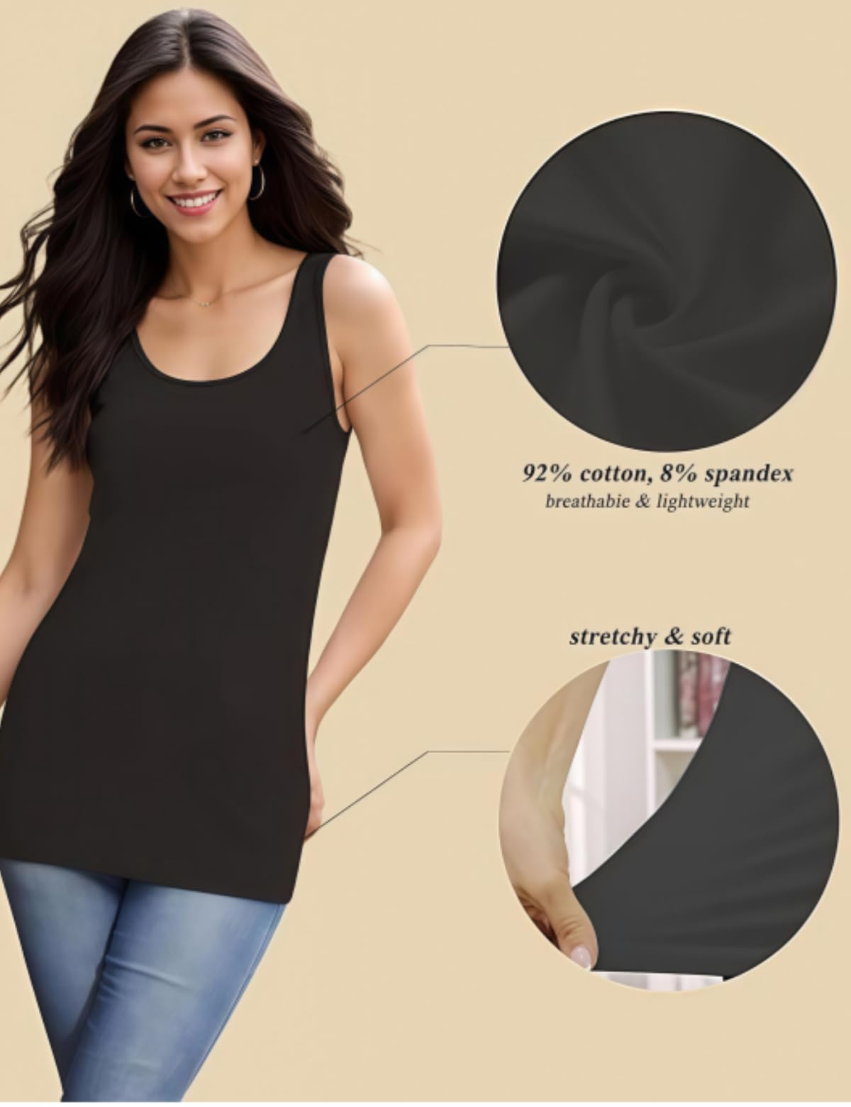 H HIAMIGOS Damen 3er-Pack Lange Tank Tops Stretchy Baumwolle Ärmellos Tops Unterhemd Layering Workout Yoga Cami Tanks