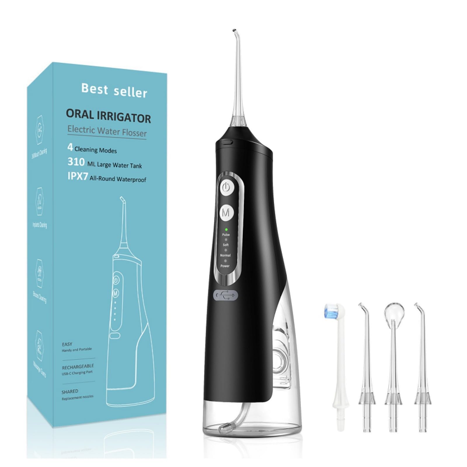 Oryzom Irrigador Dental,irrigador Dental Profesional Inalámbrico Con Irradiador,Water Flosser Para La Limpieza Dental.IPX7 Resistente Al Agua,limpieza Dental Para El Hogar (Negro)