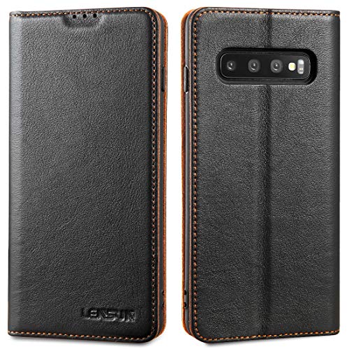 LENSUN Echtleder Hülle für Samsung Galaxy S10, Leder Handyhülle Magnetverschluss Kartenfach Handytasche kompatibel mit Samsung Galaxy S10(6,1 Zoll) u0096 Schwarz(S10-DC-BK)