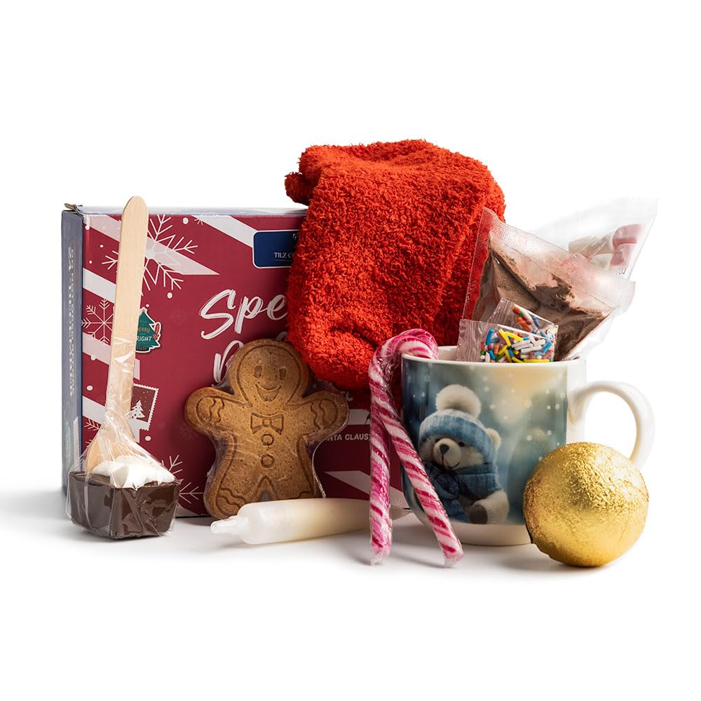 ホットチョコレートギフトセット マグカップ付き クリスマスイブボックス 詰められた子供用クリスマスイブハンパー ホットチョコレートマドラー ホットチョコレートコーン マシュマロ入りホットチョコレートボム キャンディケーン ジンジャーブレッドマンビスケット