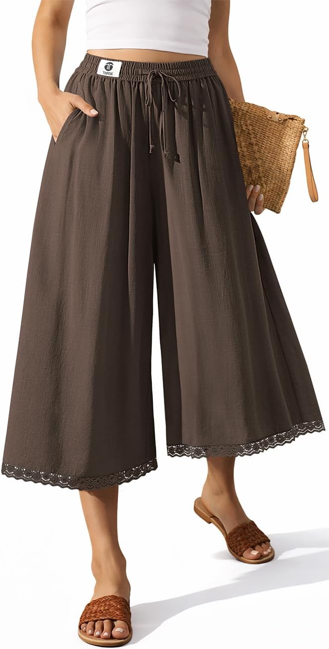 TARSE Women's Linen Capri Pants Wide Leg Flowy Culottes Summer Casual Lightweight Elastic Waist Drawstring with Pockets