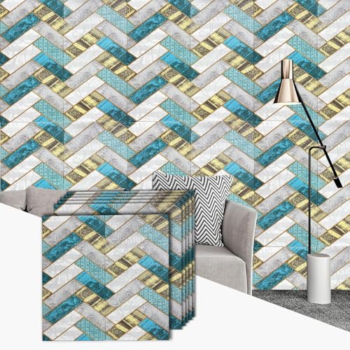 Image of WrapWall 3D Wallpaper Self Adhesive Foam Pack of 1 (70x70 cm) | Waterproof Brick Design Wallpaper |Peel & Stick DIY Wall Decor for Living Room Bedroom Kitchen (1, Blue-Vshape)