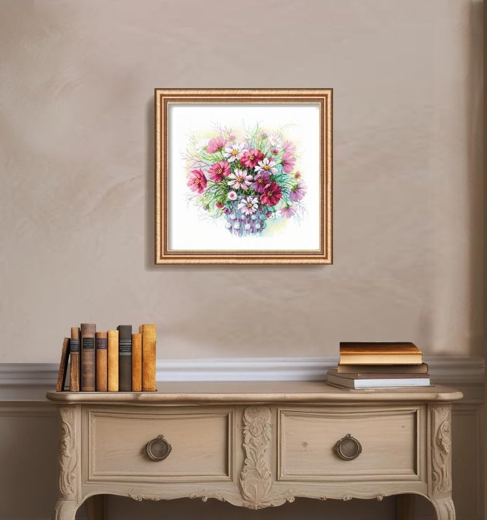 RIOLIS Watercolor Cosmos 2228, Floral Cross Stitch Kit 11¾"x11¾, Cross Stitch Kits for Beginners & Advanced, Crossstitching Kits Adult, Counted Stitching Kits, Embroidery Kit