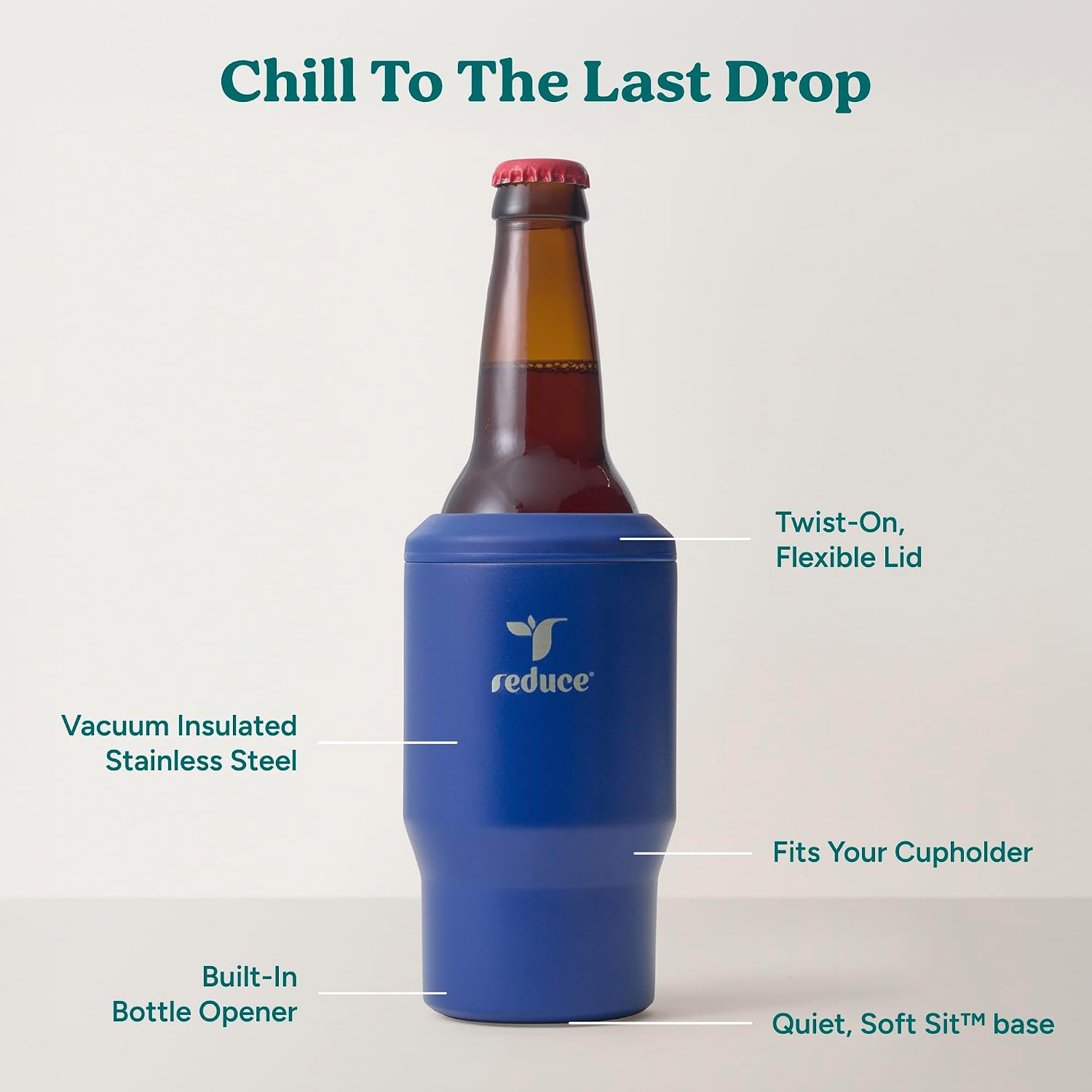 Reduce 4-in-1 Drink Cooler - Versatile Can & Bottle Holder with Vacuum Insulation - Keeps Drinks Cold Up to 4 Hours - Includes Bottle Opener - Fits Cupholders & Dishwasher Safe - 14oz - Go Blue