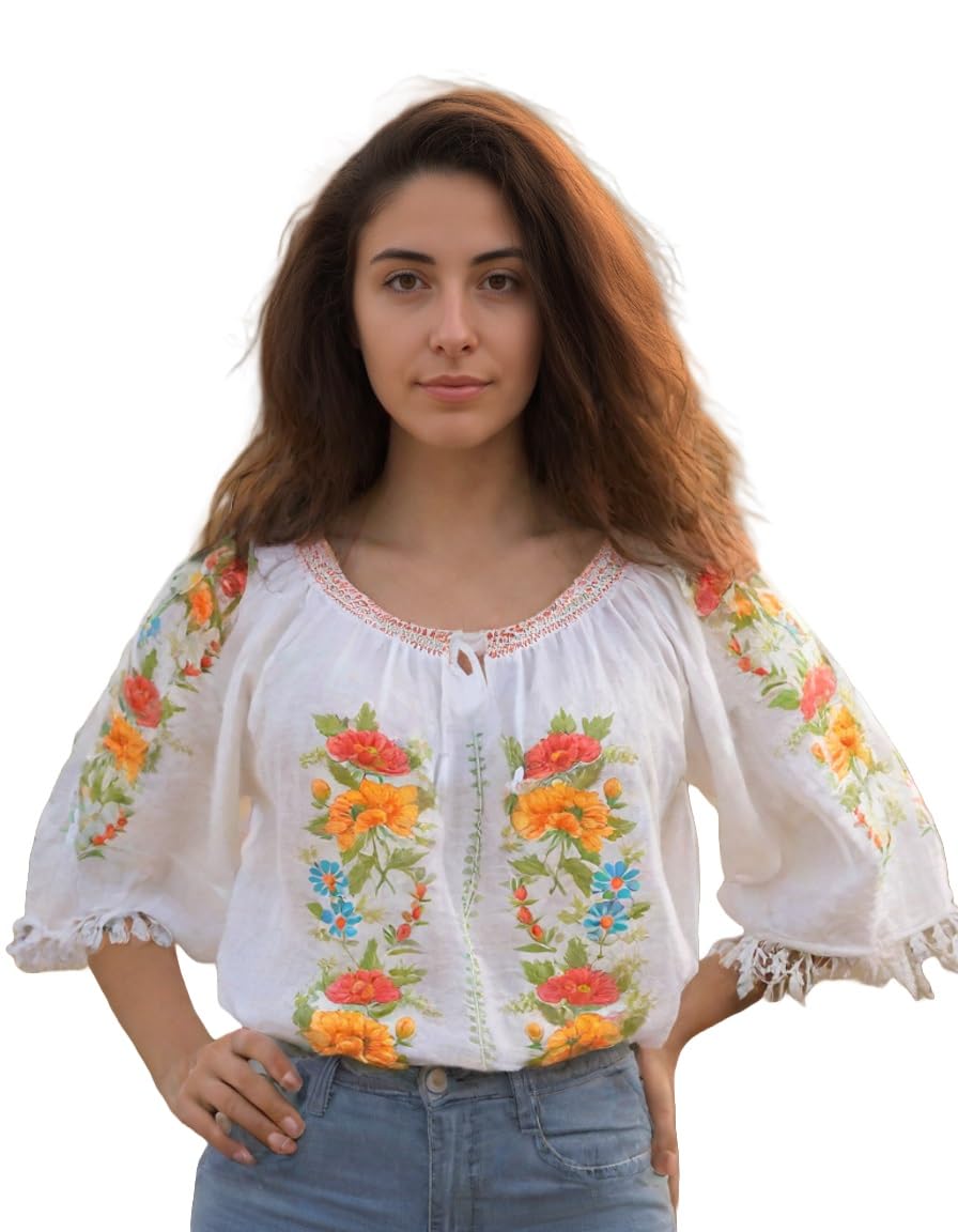 PURPLE TOMATO Blusa tradicional rumana bordada para mujer