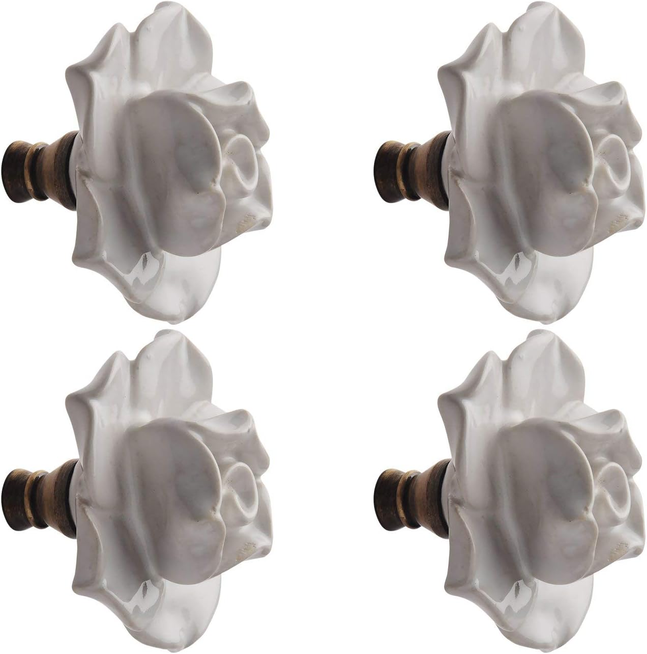 Ceramic Rose Flower Shaped Cabinet Doors/Dra.wers/Wardrobe Pull Handle Knob (White and Brown; 55 x 48 mm) (4)