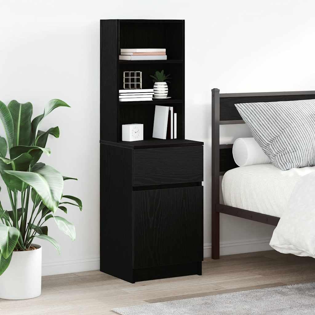 SXZenSpace Slim Bedside Cabinet Black 39x35x125 cm Engineered Wood Tall Nightstand with Drawer & 2 Open Shelves Modern Storage Unit for Bedroom Living Room Corridor