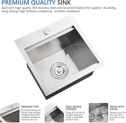 Miniatura 5 de Fregadero de barra de cocina de 15 x 17 pulgadas, fregadero de barra de acero inoxidable de 15 pulgadas, estación de trabajo, fregadero de cocina