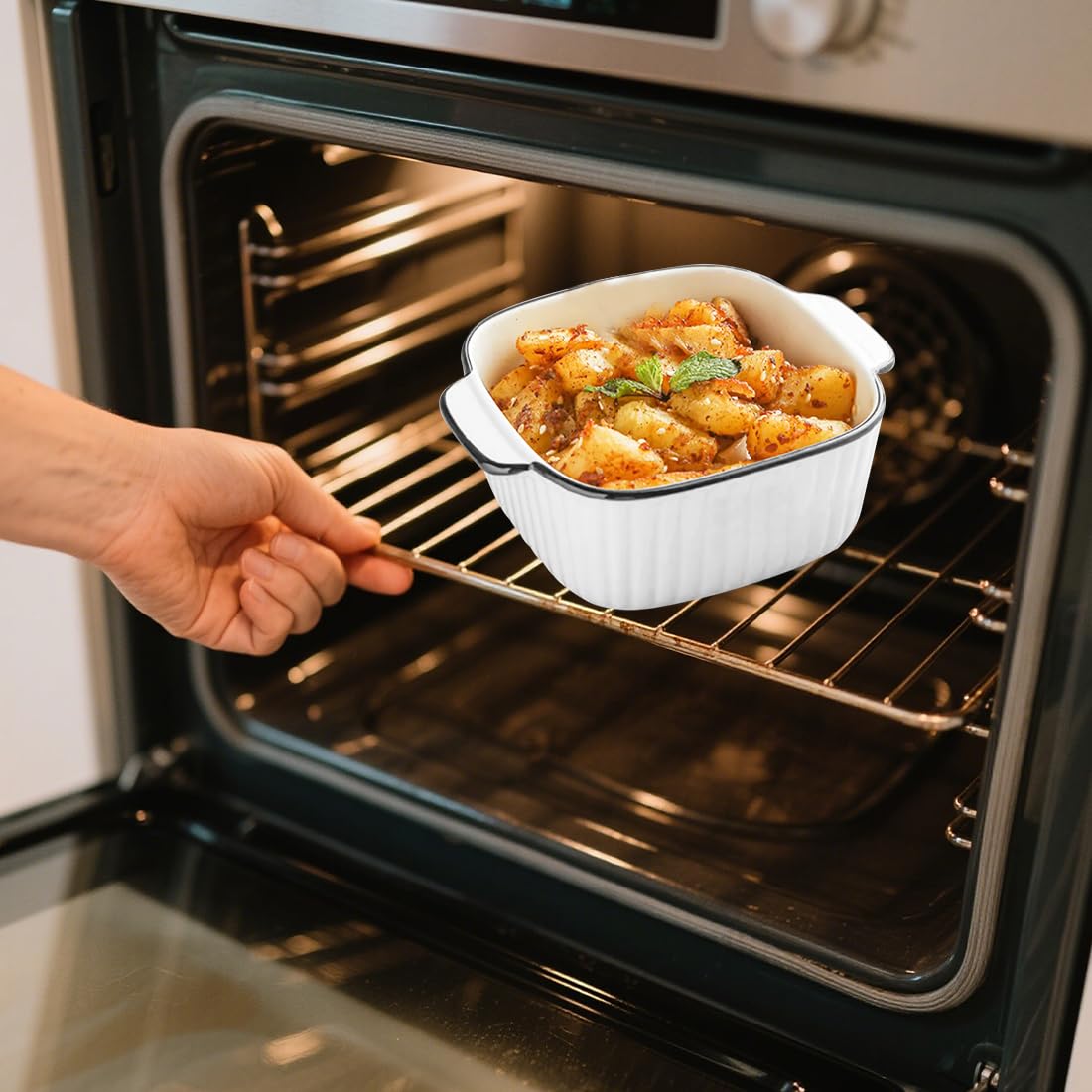 Lot de 4 plats à gratin carrés en céramique - 14,5 x 11,5 x 5,5 cm - Avec poignées - Empilables - Pour friteuse, four et micro-ondes - 400 ml