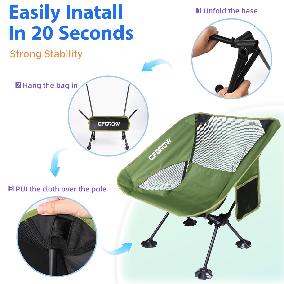 CFGROW Sedia da campeggio pieghevole, portatile, 150 kg, ultraleggera, piccola dimensione, pieghevole, con borsa per il trasporto, per picnic, pesca, giardino, escursioni, viaggi, zaino (verde)