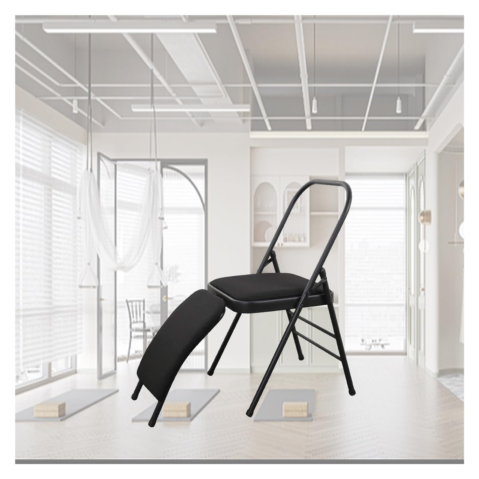 MZZKFC Yoga Auxiliary Chair with Detachable Lumbar Back Support, Black Double Beam Foldable Yoga Chair, Yoga Equipment for Waist & Leg Exercise/Hip Movement