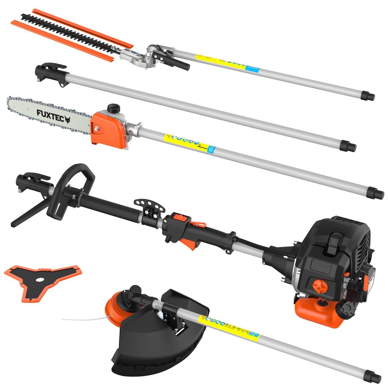 FUXTEC FX-MT152E Multiherramienta 5en1 a Gasolina – Desbrozadora, Cortasetos, Motosierra Inclinada, Cortabordes y Extensión 1 m – Motor 2 Tiempos 52cc para Jardinería