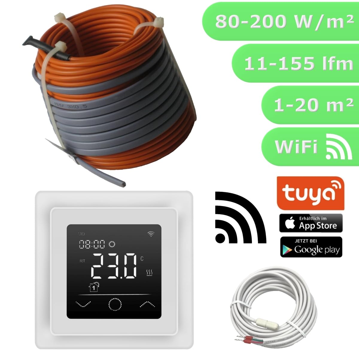 Elektrische Fußbodenheizung HoWaTech Profi Komplett Set TWIN Heizdraht 12 W/m inkl. Thermostat WLAN WIFI Touch weiß, Länge & Fläche:1.5-2.5m²