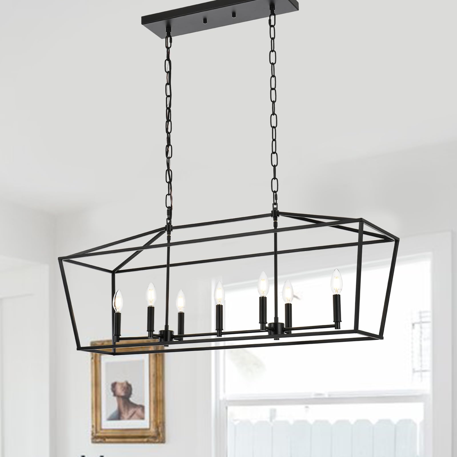 Lucidce Lantern Island Light 7-Light Black Chandelier Dining Room Light Fixtures Over Table Rectangle Kitchen Island Chandeliers Modern Hanging Light