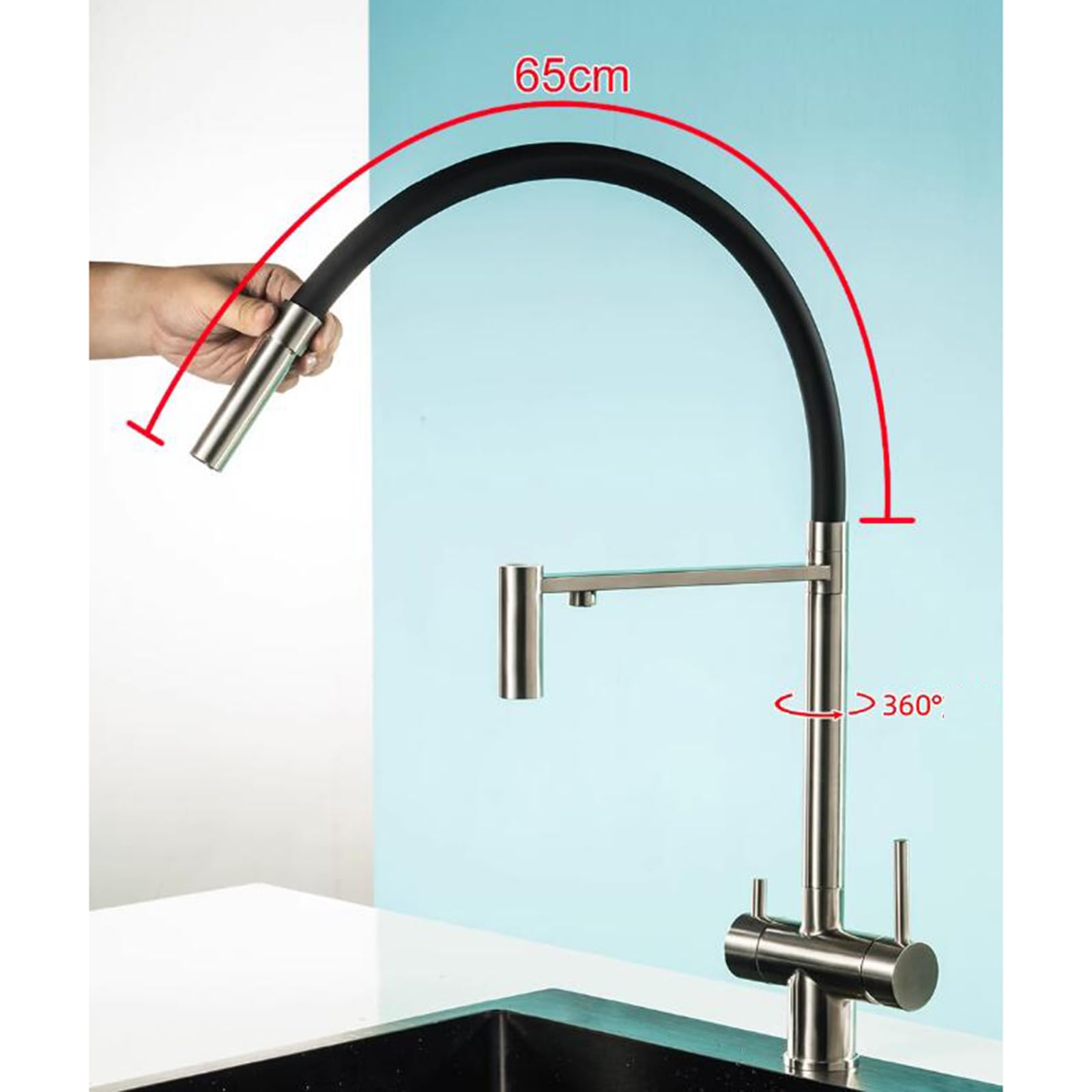 Robinet de filtre à eau pivotant à 3 voies en acier inoxydable pour eau chaude et froide