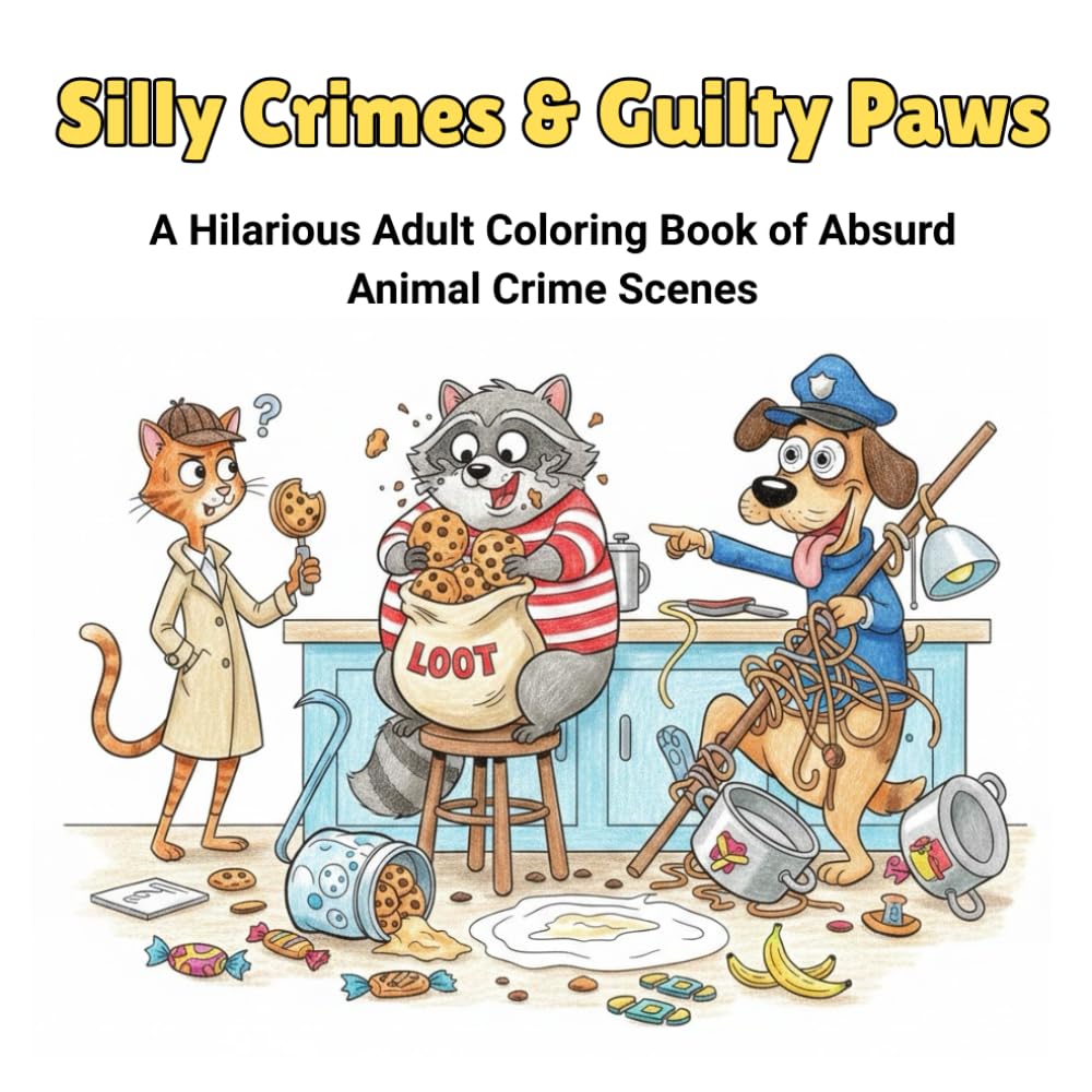 Silly Crimes & Guilty Paws: A Funny Animal Crime Scene Coloring Book for Adults with Silly Cartoon Animals, Comical Mysteries, Stress Relief Art, and Relaxing Line Drawings