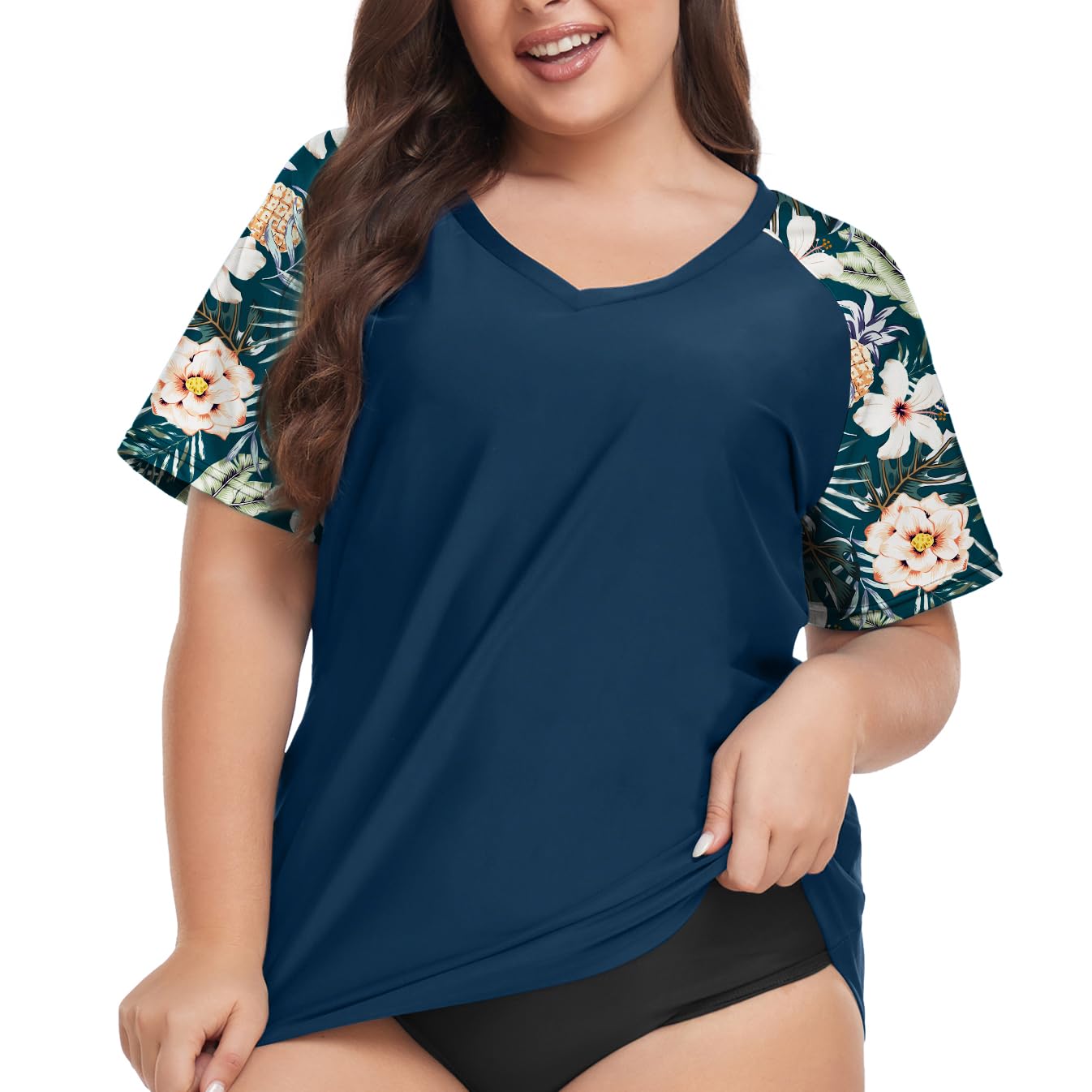 FOREYOND Plus Size Rash Guard Shirt for Women Short Sleeve Swim Top UV UPF 50+ Sun Protection Summer Swim Shirts Swim Suit