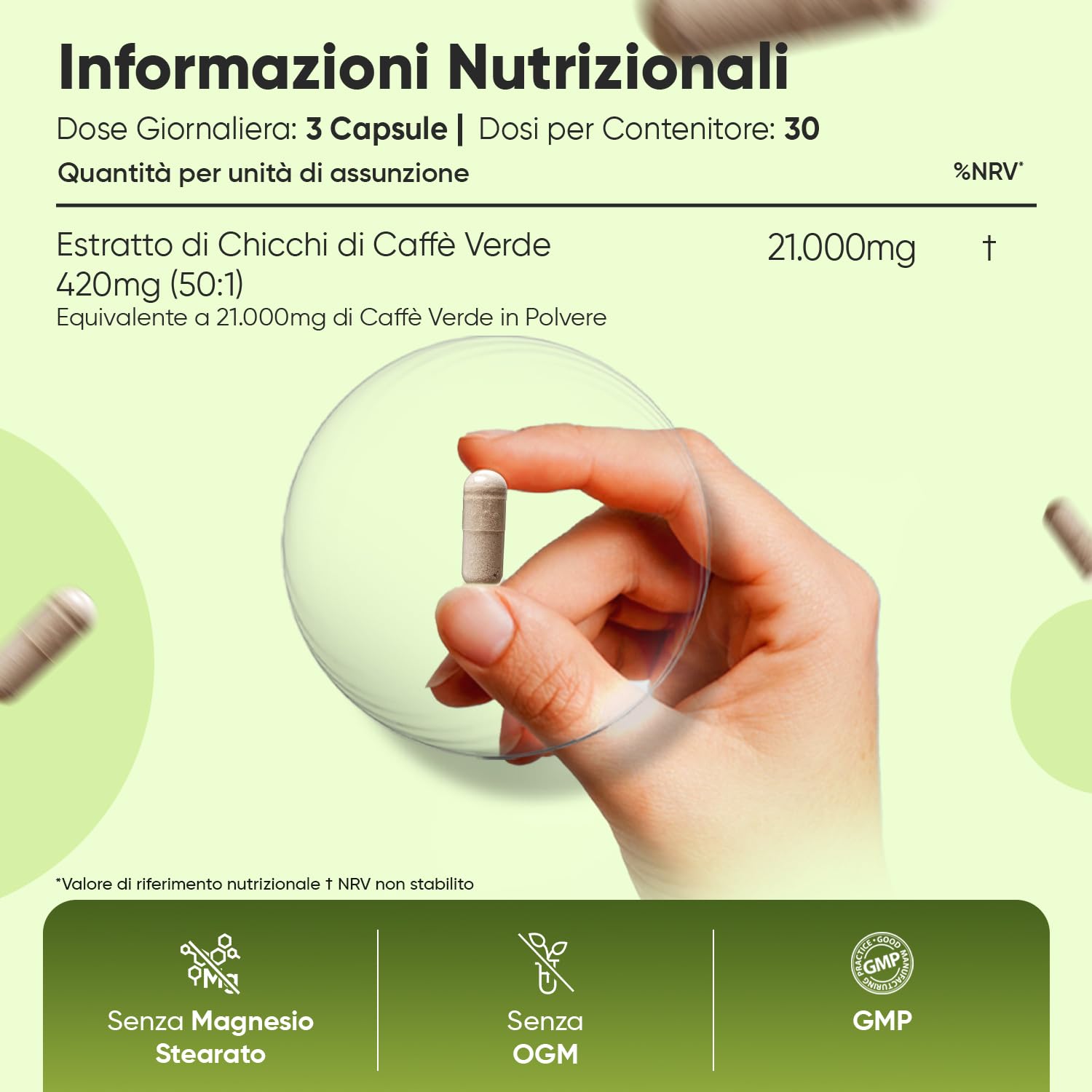 Caffè Verde Puro Vegano da 21.000mg, Estratto 50:1, Fonte Naturale di CGA, 90 Capsule, Caffe Verde dalla Pianta Coffea Arabica, Green Coffee Beans, Senza Magnesio Sterarato e OGM, Prodotto in Europa