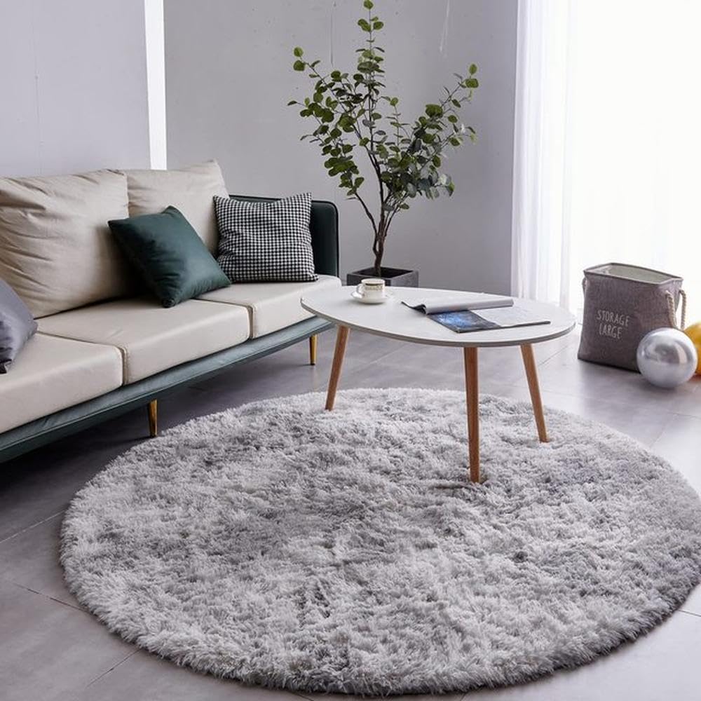 Tapis rond en peluche gris clair 200x200 cm pour salon et chambre