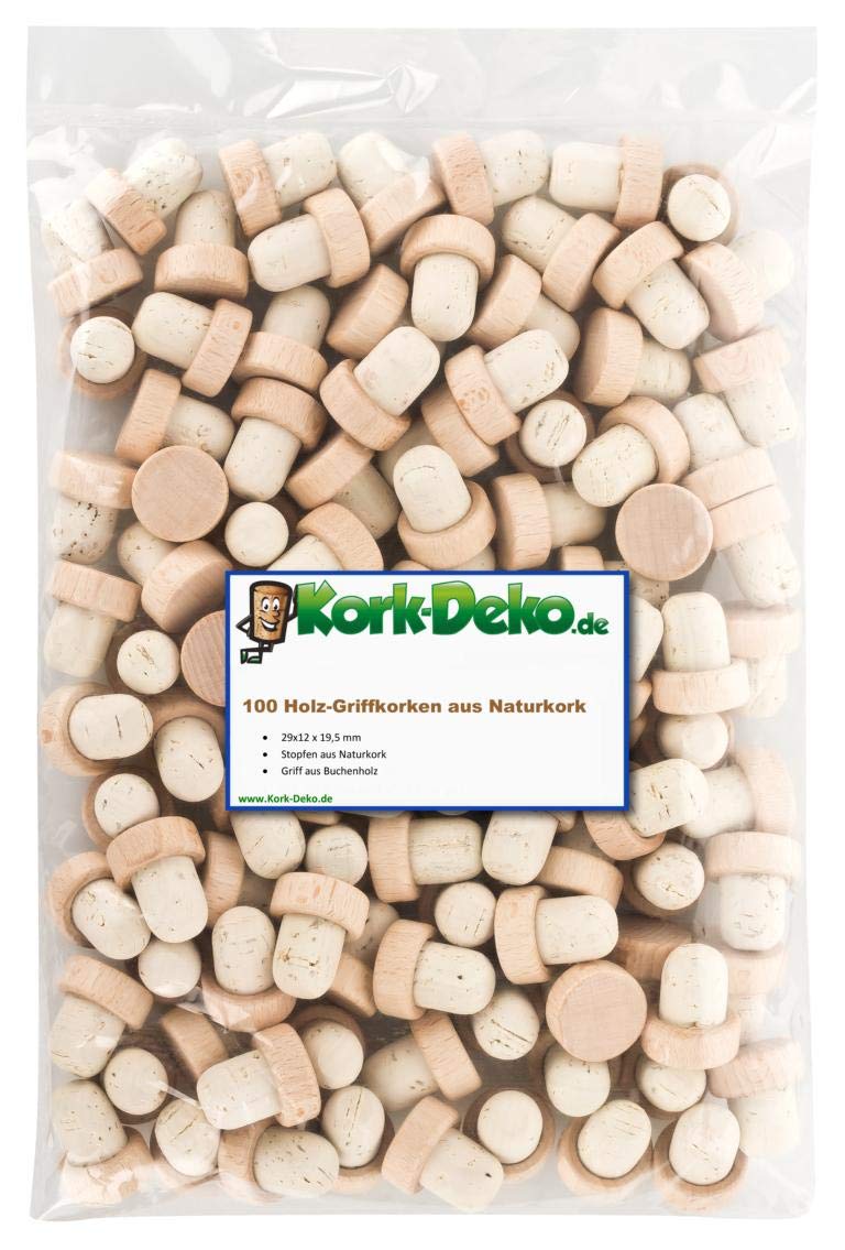 Corchos con mango de madera de 19,5 mm, 100% corcho natural, para ginebra, bebidas alcohólicas, aceites y zumo, corcho natural de Portugal, tamaño del mango: 29 x 12 mm, 100er-Pack