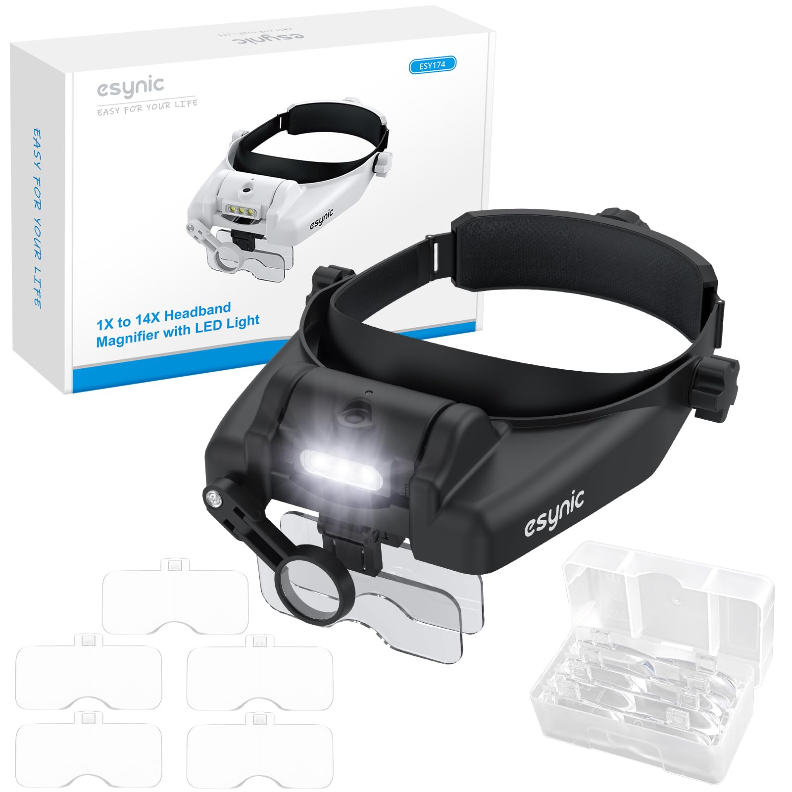 eSynic 1-14X Lente di Ingrandimento Frontale a LED Luce Regolabile con 5 Lenti 1.0x 1.5x 2.0x 2.5x 3.5x Lente d'Ingrandimento ad Archetto Ricaricabile da Type-C per Orologiaio Riparazione DIY - Nero