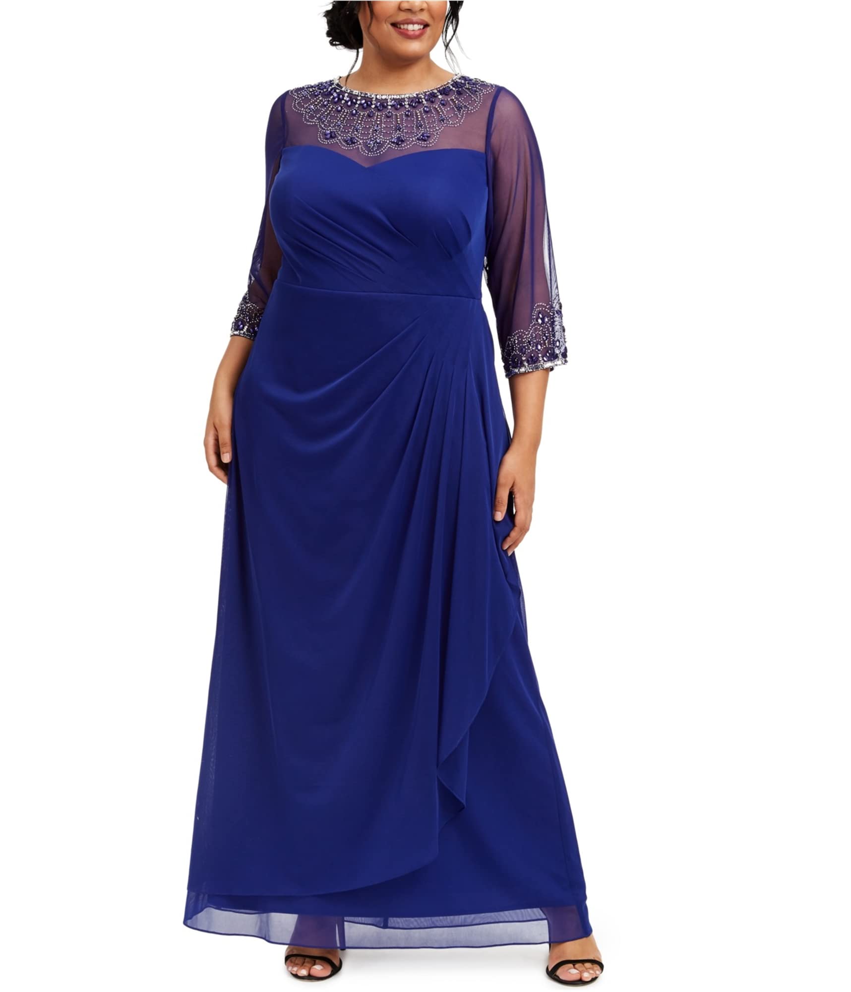 Alex Evenings Womens Plus Size Long Sleeve Sweetheart Neckline Dress: 24 Plus Royal Beaded