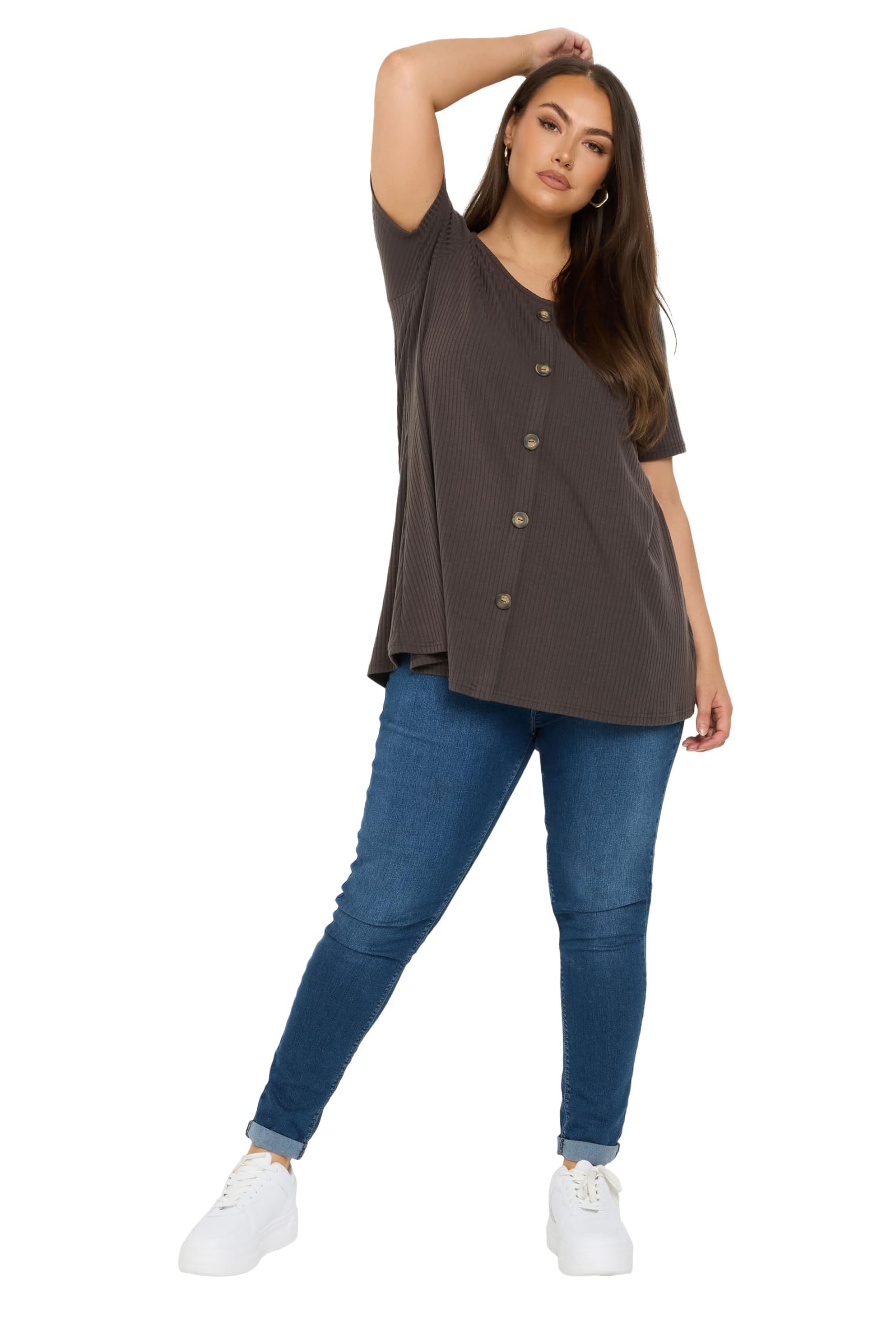 Yours Brown Curve Button Front Ribbed Swing Top - Womens - Plus Curve 26-28 Plus