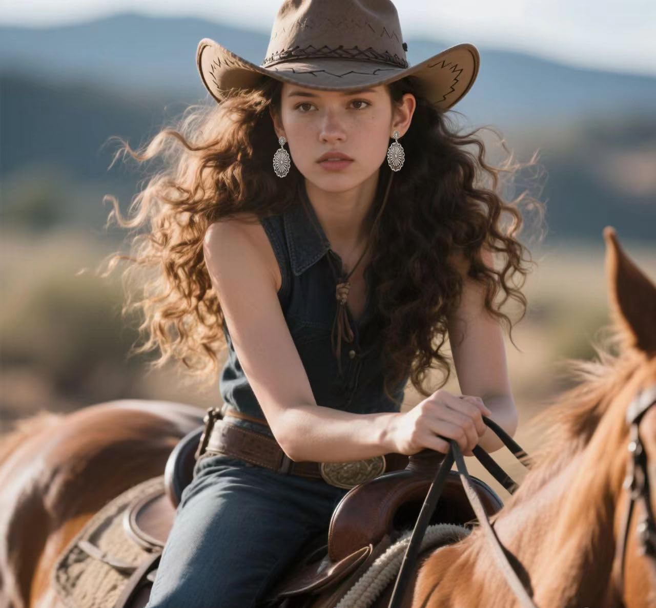 Western Earrings for Women Bohemian Silver Oval Teardrop Turquoise Earrings Dangle Western Country Cowgirl Jewelry Accessories Gift - Image 3
