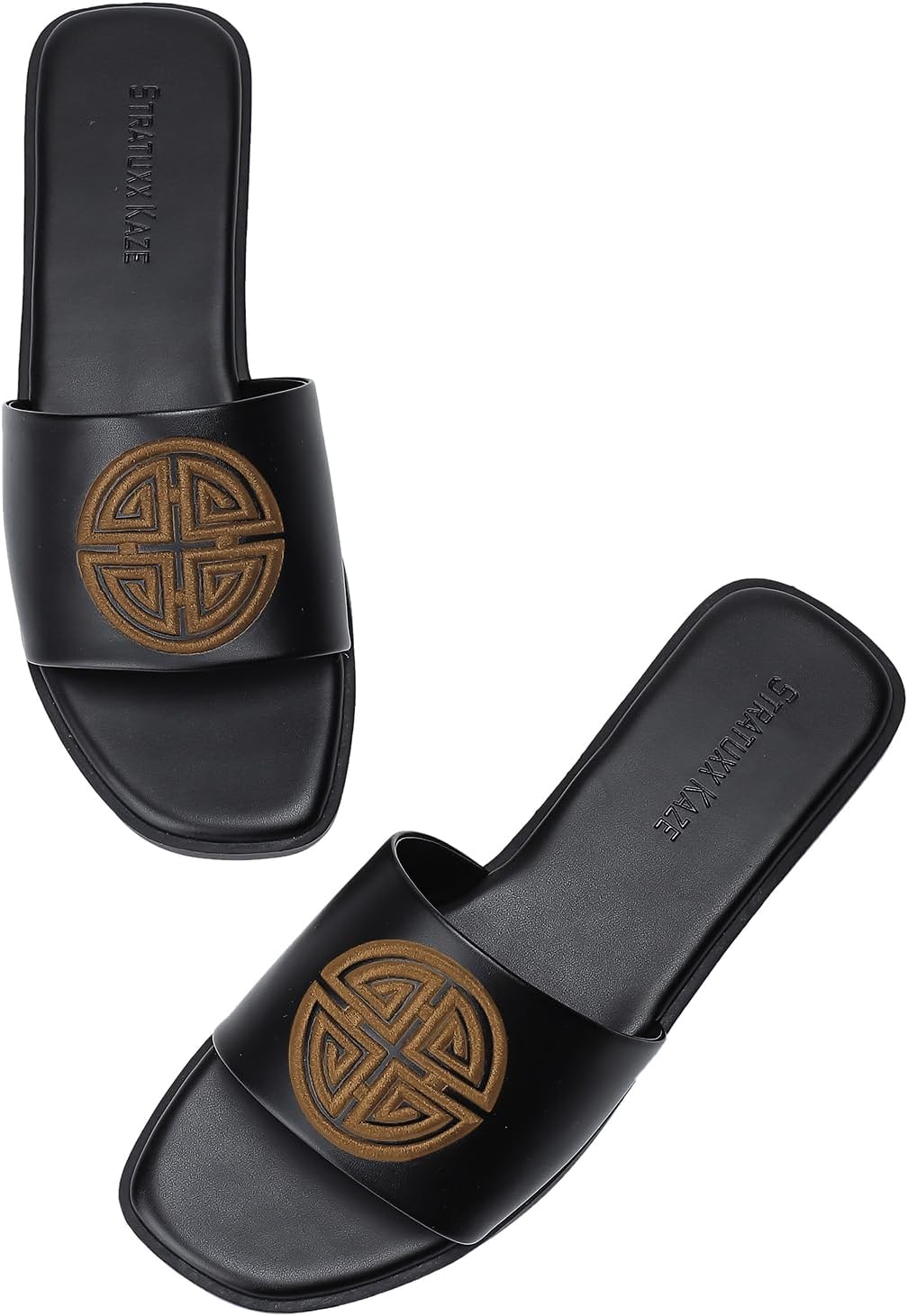 Stratuxx Kaze Womens Flat Sandals Dressy Summer Slide with Memory Foam Comfortable Cute Leather Black Sandals for Women
