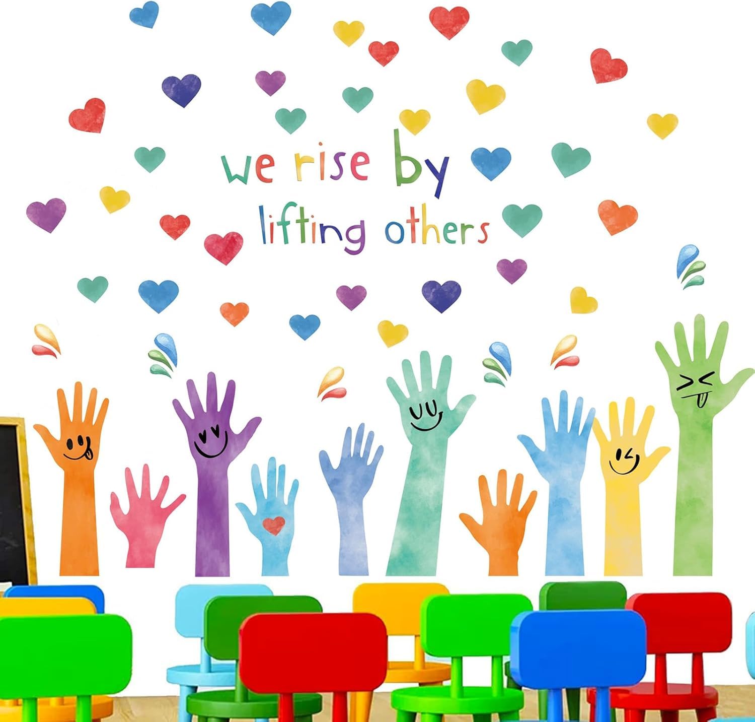 TOARTi Inspirational Wall Stickers,We Rise by Lifting Others Wall Decals,Heart Window Clings,Handprint Wincow Decal,Colorful Hands Stickers for Murals Glass School Classroom Nursery Kids Room Bedroom
