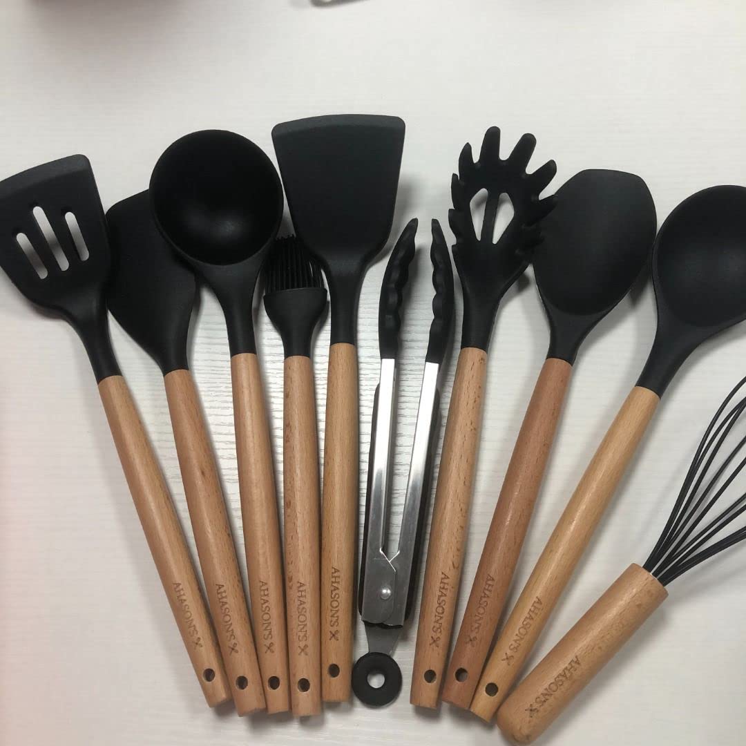 AHASON'S Extra dickes Silikon-Kochutensilien-Set, 230 °C - 230 °C, hitzebeständig, BPA-frei, Zange, Löffel, Spatel, Bürste, Schneebesen mit Halter, Küchenhelfer, antihaftbeschichtet, Kobra-Schwarz