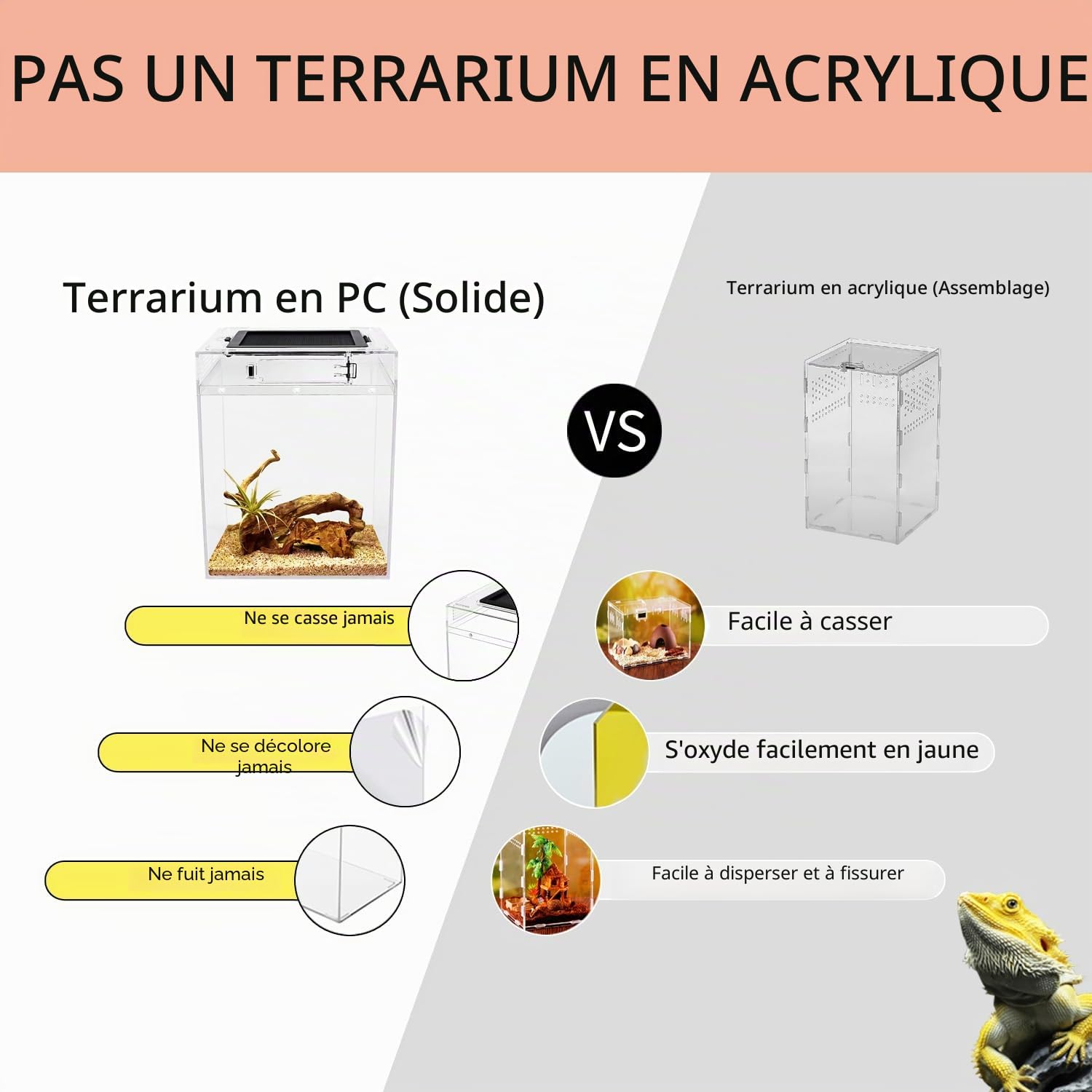 Reptile Growth Kit Terrarium Haut 20 x 20 x 28 cm Bac à Reptiles Grille Supérieure Coulissante Aération