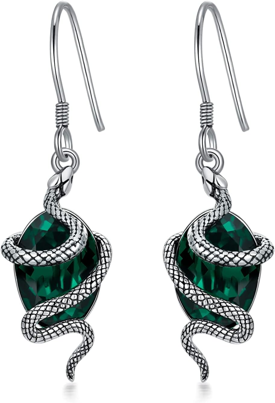 PDTJMTGSnake Earrings Sterling Silver Snake Dangle Earrings with Green Crystal Vintage Serpent Drop Earrings for Women