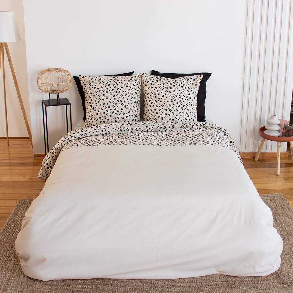 CÔTE DECO Parure de Lit 240x260cm Léopard Beige - Coton– 3 pièces | 1 Housse de Couette Adulte 240x260cm + 2 Taies d'Oreiller 63x63cm