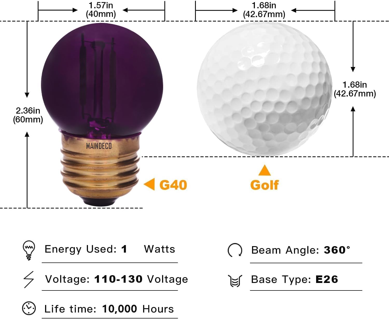 G40 Purple Color Bulb,E26 Base,1W Mini Globe LED Bulb, Low Light Violet Color Bulb,for Small Lamp,Letter Sign,String Lights,15 Pack