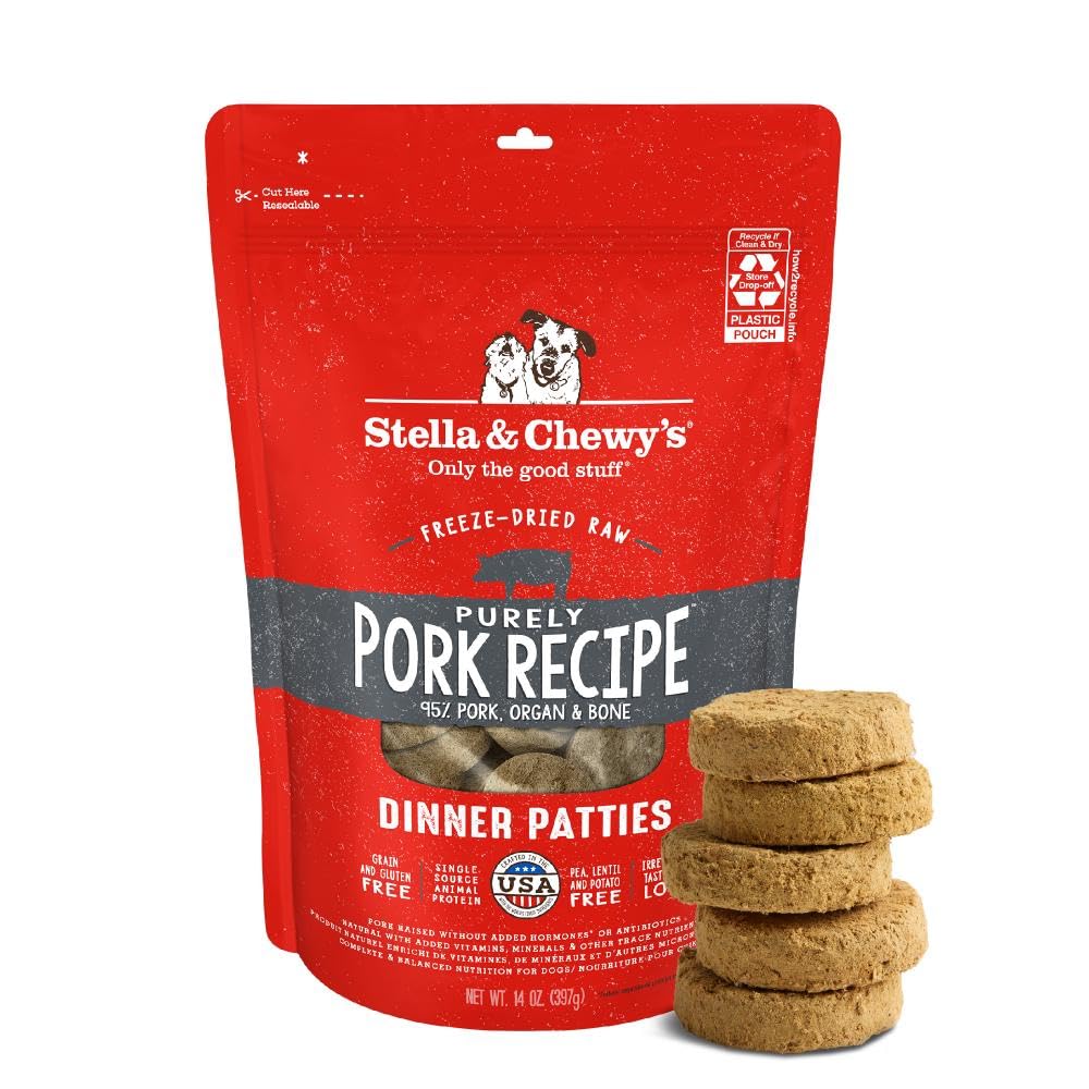Stella &amp; Chewy's Freeze-Dried Raw Dinner Patties - Purely Pork Recipe - High Protein Grain-Free Puppy &amp; Dog Food - Perfect For Picky Eaters - 14 oz