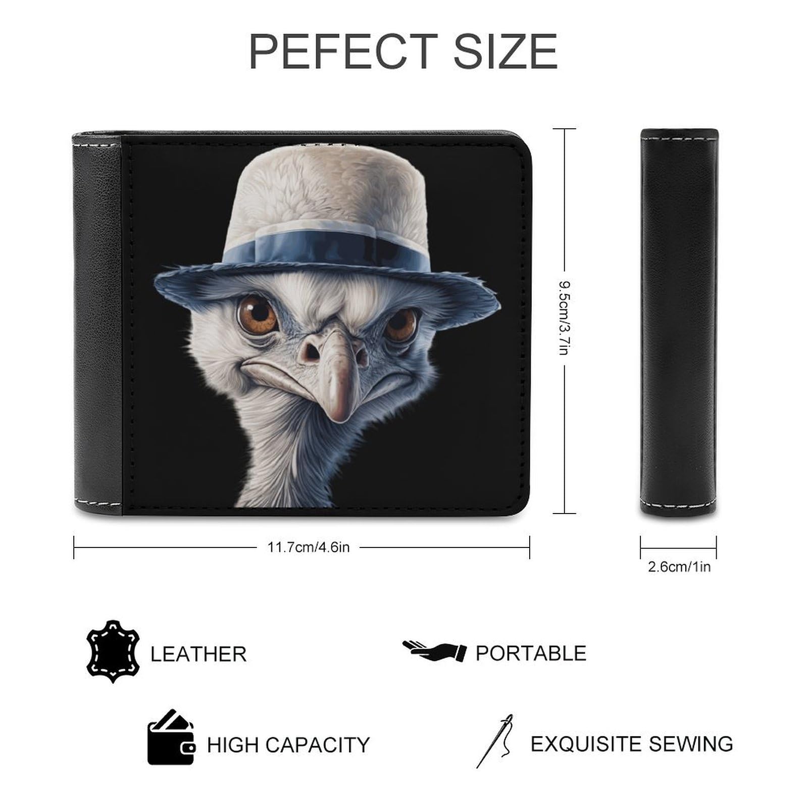 Ostrich-1 Bifold Wallet PU Leather Coin Purse Lightweight Credit Card Holder Wallet Money Clip